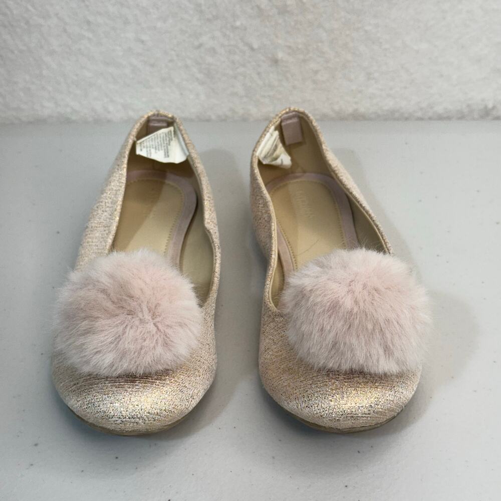 Gymboree Metallic Rose Gold Pink Ballet Flats Fluff Pom-Poms Size 1 Spring Dress